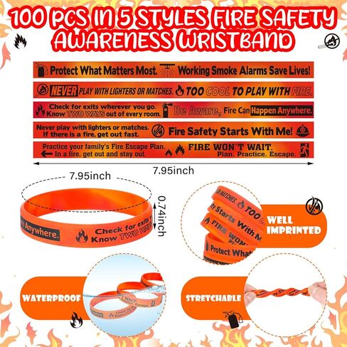 50 Pcs Fire Safety Awareness Bracelet Silicone Rubber Wristband with Tips Phrases for Awareness Gifts in Kuwait