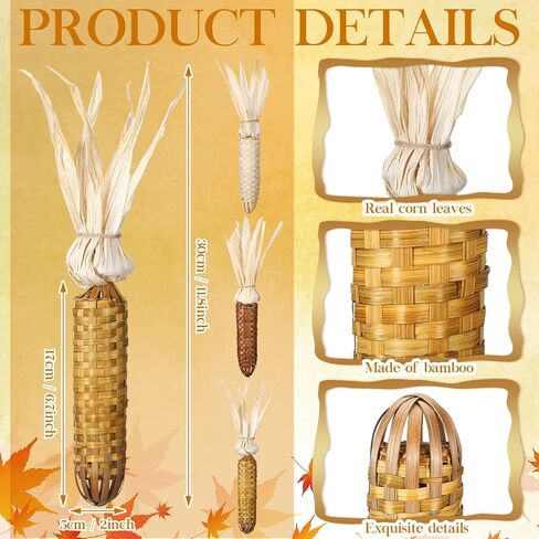 Weysat 3 Pcs Fall Thanksgiving Fake Corn Ornament Autumn Harvest Rustic Farmhouse Decor Handmade Bamboo Woven Corn on The Cob with Husks Fall Decor for Home Kitchen Wall Door Shelf Fireplace in Saudi Arabia