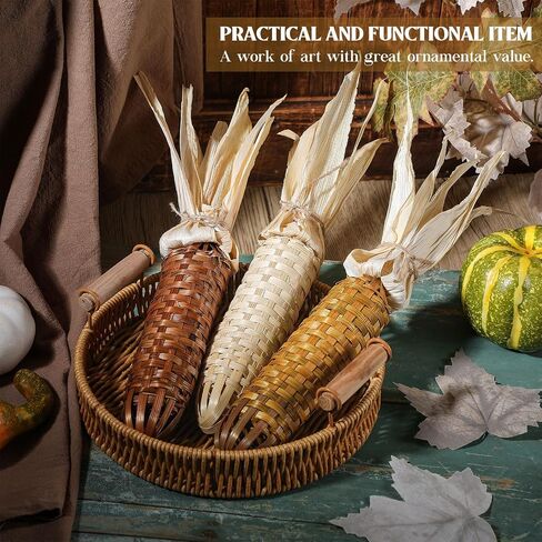 Weysat 3 Pcs Fall Thanksgiving Fake Corn Ornament Autumn Harvest Rustic Farmhouse Decor Handmade Bamboo Woven Corn on The Cob with Husks Fall Decor for Home Kitchen Wall Door Shelf Fireplace in Saudi Arabia