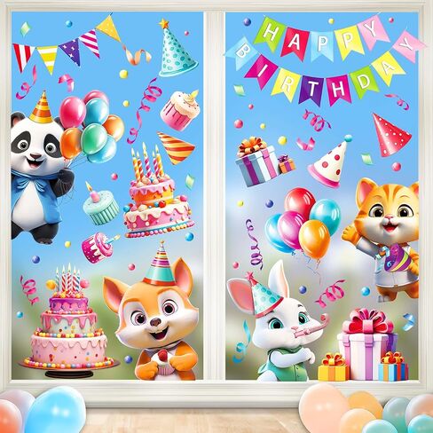 Lokipa Happy Birthday Window Clings ، 8 صفائح شارات نافذة الكرتون متعدد الألوان ، ملصقات نافذة الفينيل ، قابلة للإزالة ، الاستخدام الداخلي in Saudi Arabia