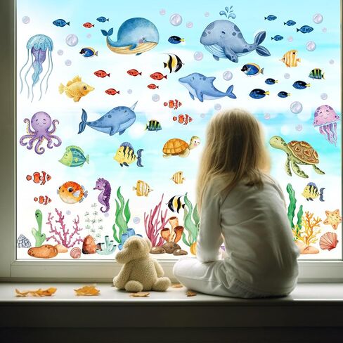 134 Pcs Spring Summer Window Clings for Glass Windows, Ocean Theme Window Decals Stickers Decorations for Home School Classroom Office Shop Display for Under The Sea Party Supplies in Saudi Arabia
