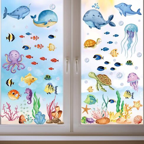 134 Pcs Spring Summer Window Clings for Glass Windows, Ocean Theme Window Decals Stickers Decorations for Home School Classroom Office Shop Display for Under The Sea Party Supplies in Saudi Arabia