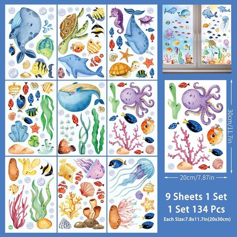134 Pcs Spring Summer Window Clings for Glass Windows, Ocean Theme Window Decals Stickers Decorations for Home School Classroom Office Shop Display for Under The Sea Party Supplies in Saudi Arabia