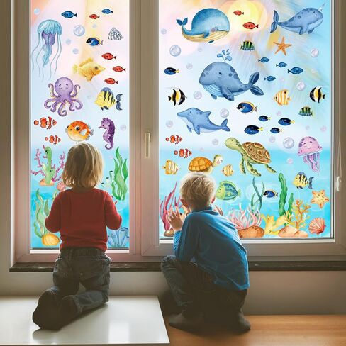 134 Pcs Spring Summer Window Clings for Glass Windows, Ocean Theme Window Decals Stickers Decorations for Home School Classroom Office Shop Display for Under The Sea Party Supplies in Saudi Arabia