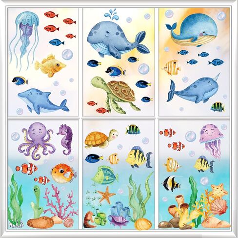 134 Pcs Spring Summer Window Clings for Glass Windows, Ocean Theme Window Decals Stickers Decorations for Home School Classroom Office Shop Display for Under The Sea Party Supplies in Saudi Arabia