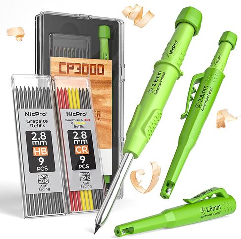 Nicpro CP3000 Carpenter Pencil with Sharpener, Mechanical Pencils Set with 19 Refills, Deep Hole Marker for Construction, Heavy Duty Woodworking Pencils, Carpenter Tools for Architect Marking (Green) in Kuwait