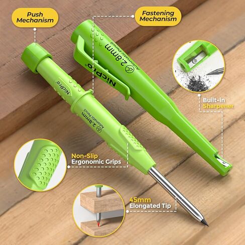 Nicpro CP3000 Carpenter Pencil with Sharpener, Mechanical Pencils Set with 19 Refills, Deep Hole Marker for Construction, Heavy Duty Woodworking Pencils, Carpenter Tools for Architect Marking (Green) in Kuwait