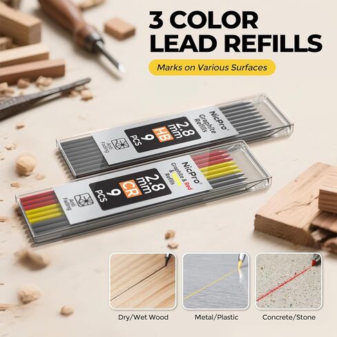 Nicpro CP3000 Carpenter Pencil with Sharpener, Mechanical Pencils Set with 19 Refills, Deep Hole Marker for Construction, Heavy Duty Woodworking Pencils, Carpenter Tools for Architect Marking (Green) in Kuwait