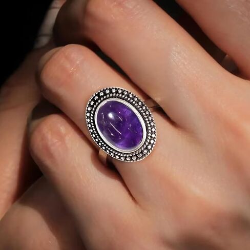 Natural Real Genuine Gemstone Ring,Antique Vintage Retro Silver Crystal Stone Bobo Bohemian Ring Jewelry for Women in Kuwait