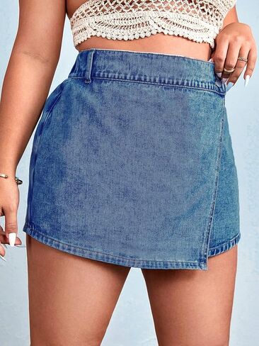 WDIRARA Women's Plus Size Wrap High Waisted Denim Skorts Asymmetrical Jean Skirt Shorts in Saudi Arabia