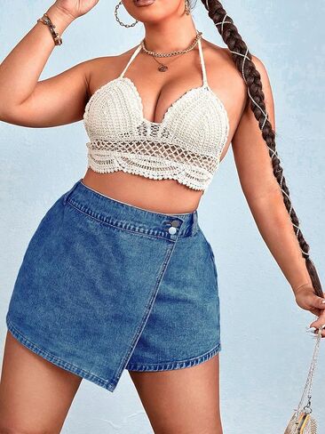 WDIRARA Women's Plus Size Wrap High Waisted Denim Skorts Asymmetrical Jean Skirt Shorts in Saudi Arabia