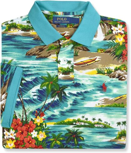 Polo Ralph Lauren Men's Classic Fit Mesh Cotton Tropical Island Printed Polo Shirt, Blue Multi in Saudi Arabia