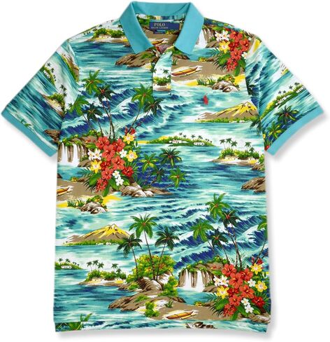 Polo Ralph Lauren Men's Classic Fit Mesh Cotton Tropical Island Printed Polo Shirt, Blue Multi in Saudi Arabia