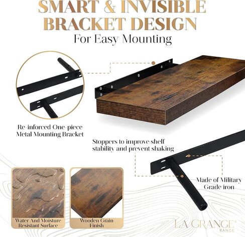 LA GRANGE RANGE® 23.6" Floating Shelves For Wall, 2x Pack Wall Shelves for Storage & Décor, Perfect for Bathroom, Bedroom, Kitchen, Living Room, Natural Wood Finish with Hidden Bracket (Glacial White) in Saudi Arabia
