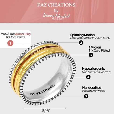 Paz Creations Women's 925 Sterling Silver Spinner Ring - Sturdy Band Ring With Three Spinners - Statement Fidget Ring - Boho Classic Style Artisan Jewelry, Gift Ready in Saudi Arabia