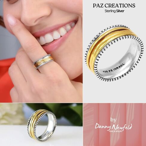 Paz Creations Women's 925 Sterling Silver Spinner Ring - Sturdy Band Ring With Three Spinners - Statement Fidget Ring - Boho Classic Style Artisan Jewelry, Gift Ready in Saudi Arabia