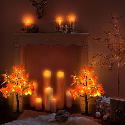 2 Pack Fall Lighted Maple Tree 48 LED Lights Thanksgiving Decoration Artificial Tree Lights 20 inch Battery or USB Powered DIY Table Light for Desktop Autumn Harvest Party Indoor Decor in Saudi Arabia