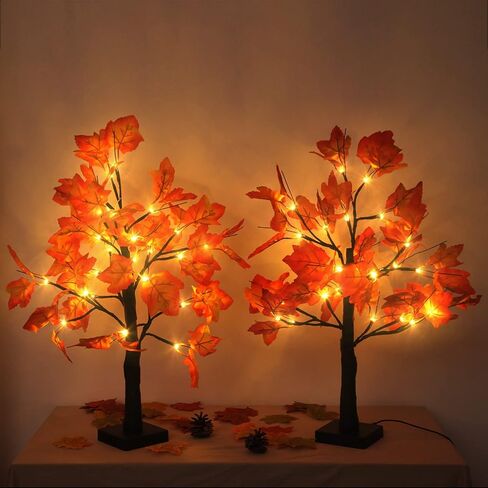2 Pack Fall Lighted Maple Tree 48 LED Lights Thanksgiving Decoration Artificial Tree Lights 20 inch Battery or USB Powered DIY Table Light for Desktop Autumn Harvest Party Indoor Decor in Saudi Arabia