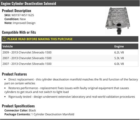 Engine Cylinder Deactivation Manifold - Compatible with 2007-2013 Chevy Silverado 1500 5.3L 6.0L 6.2L V8 in Saudi Arabia