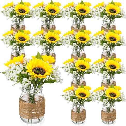 43 Pcs Mason Jar Table Centerpiece 6 Sets Mason Jar Vases 18 Faux Sunflower 18 Baby's Breath 1 Rope Boho Rustic Mason Jar Table Decoration for Reception Engagement Party Bridal Shower Wedding in Saudi Arabia