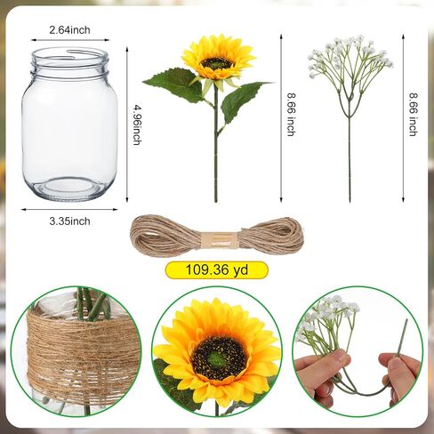 43 Pcs Mason Jar Table Centerpiece 6 Sets Mason Jar Vases 18 Faux Sunflower 18 Baby's Breath 1 Rope Boho Rustic Mason Jar Table Decoration for Reception Engagement Party Bridal Shower Wedding in Saudi Arabia