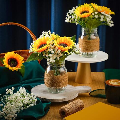 43 Pcs Mason Jar Table Centerpiece 6 Sets Mason Jar Vases 18 Faux Sunflower 18 Baby's Breath 1 Rope Boho Rustic Mason Jar Table Decoration for Reception Engagement Party Bridal Shower Wedding in Saudi Arabia