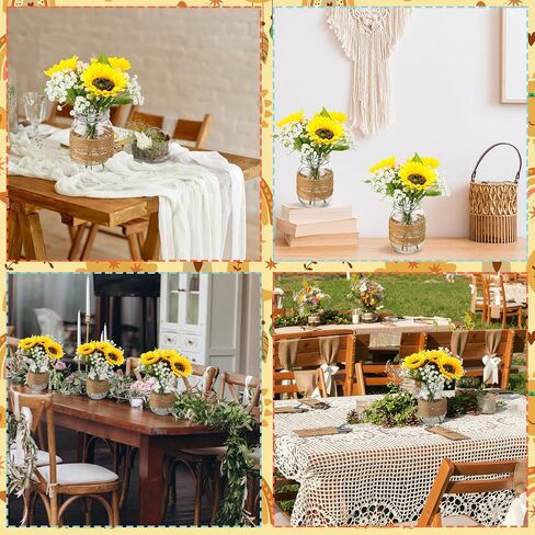 43 Pcs Mason Jar Table Centerpiece 6 Sets Mason Jar Vases 18 Faux Sunflower 18 Baby's Breath 1 Rope Boho Rustic Mason Jar Table Decoration for Reception Engagement Party Bridal Shower Wedding in Saudi Arabia