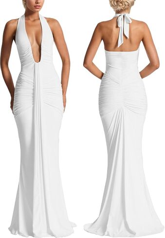 النساء المساء إضافي فستان طويل عميق v-neck halter ruched رايات أنيقة الحزب maxi فستان الفستان in Kuwait