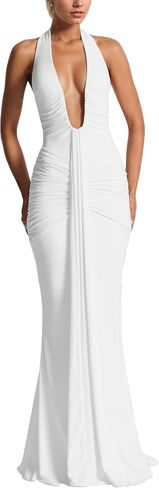 النساء المساء إضافي فستان طويل عميق v-neck halter ruched رايات أنيقة الحزب maxi فستان الفستان in Kuwait