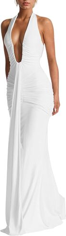 النساء المساء إضافي فستان طويل عميق v-neck halter ruched رايات أنيقة الحزب maxi فستان الفستان in Kuwait
