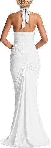 النساء المساء إضافي فستان طويل عميق v-neck halter ruched رايات أنيقة الحزب maxi فستان الفستان in Kuwait
