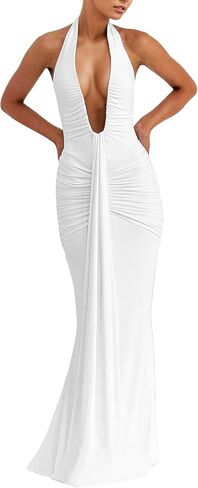 النساء المساء إضافي فستان طويل عميق v-neck halter ruched رايات أنيقة الحزب maxi فستان الفستان in Kuwait