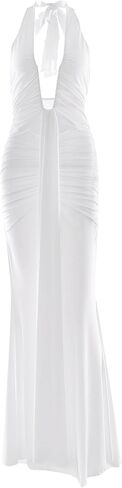 النساء المساء إضافي فستان طويل عميق v-neck halter ruched رايات أنيقة الحزب maxi فستان الفستان in Kuwait