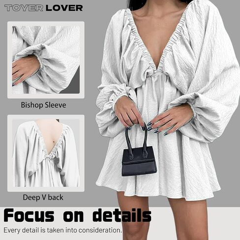 Women's Deep V-Neck Long Puff Sleeve Mini Dress - Sexy Backless Bodycon Dress Soft Flared Hem Dress Summer Spring in Saudi Arabia