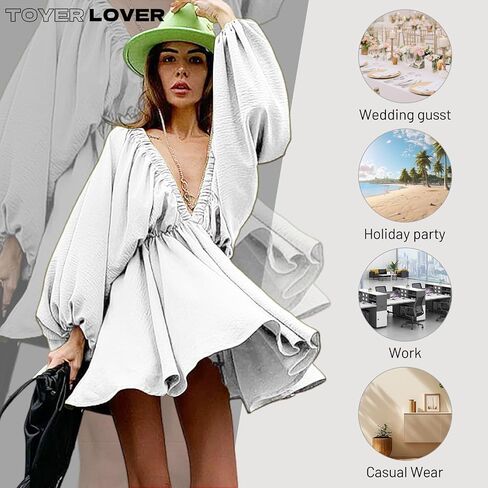 Women's Deep V-Neck Long Puff Sleeve Mini Dress - Sexy Backless Bodycon Dress Soft Flared Hem Dress Summer Spring in Saudi Arabia