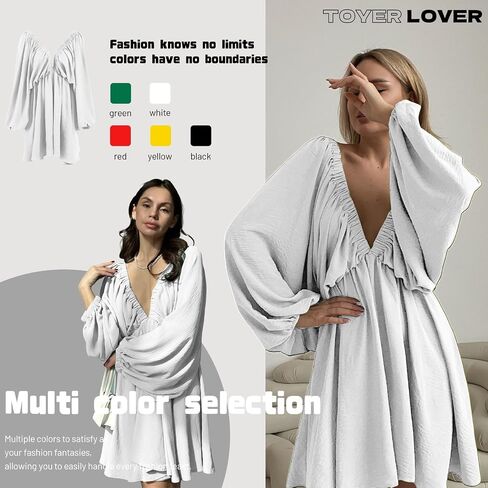 Women's Deep V-Neck Long Puff Sleeve Mini Dress - Sexy Backless Bodycon Dress Soft Flared Hem Dress Summer Spring in Saudi Arabia