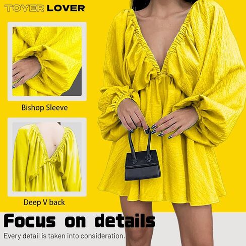 Women's Deep V-Neck Long Puff Sleeve Mini Dress - Sexy Backless Bodycon Dress Soft Flared Hem Dress Summer Spring in Saudi Arabia
