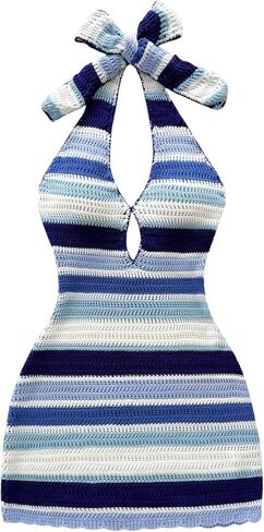 SOLY HUX Women's Striped Bodycon Halter Dress Sleeveless Cut Out Backless Beach Vacation Mini Knit Dresses in Kuwait
