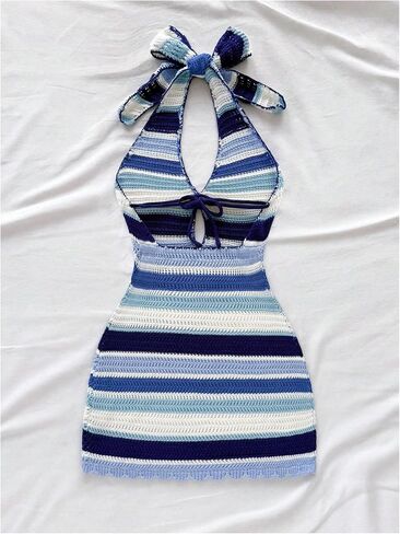 SOLY HUX Women's Striped Bodycon Halter Dress Sleeveless Cut Out Backless Beach Vacation Mini Knit Dresses in Kuwait