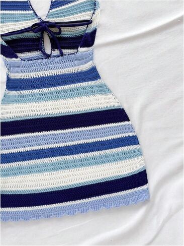 SOLY HUX Women's Striped Bodycon Halter Dress Sleeveless Cut Out Backless Beach Vacation Mini Knit Dresses in Kuwait