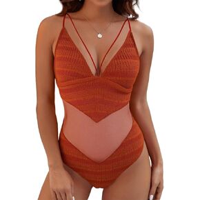 Womens One Piece Swimsuits-Sexy Deep V Neckline Tummy Control Bathing Suit Slimming Mesh Swimwear ﻿ in Saudi Arabia