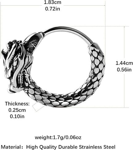 Hzman Men Women 2pcs Punk Rock Silver Dragon Stainless Steel Soundored Round Action Earrings Gift (Dragon Head) in Saudi Arabia