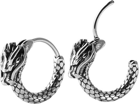 Hzman Men Women 2pcs Punk Rock Silver Dragon Stainless Steel Soundored Round Action Earrings Gift (Dragon Head) in Saudi Arabia