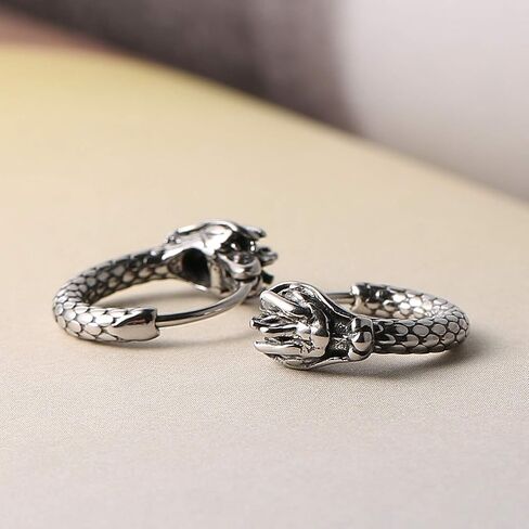 Hzman Men Women 2pcs Punk Rock Silver Dragon Stainless Steel Soundored Round Action Earrings Gift (Dragon Head) in Saudi Arabia
