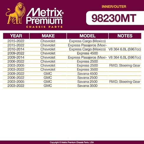 Metrix Premium Chassis Parts-4 PC inner و Outer Tie Rod end Kit Fits 09-22 Chevrolet Express 4500 ، 06-22 Express 2500 ، 03-05 GMC Savana 2500 RWD ، 03-22 Savana 3500 ، ES80277 ، ES3609 ، Made in Europe in Saudi Arabia