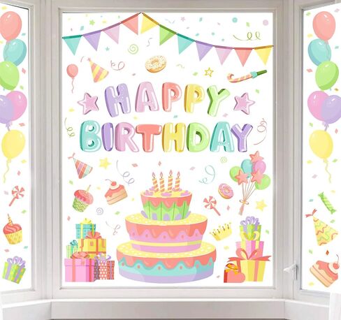 Whaline 6 Sheet Happy Birthday Window Clings Pastel Birthday Cake Balloon Reusable Window Decals for Home School Party Supplies Glass Decor in Saudi Arabia