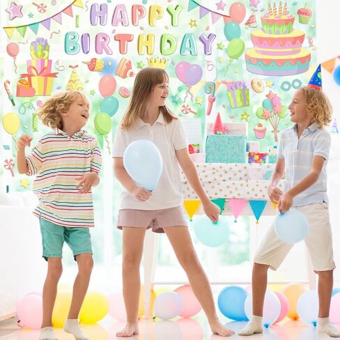 Whaline 6 Sheet Happy Birthday Window Clings Pastel Birthday Cake Balloon Reusable Window Decals for Home School Party Supplies Glass Decor in Saudi Arabia