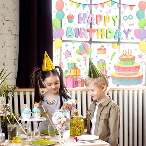 Whaline 6 Sheet Happy Birthday Window Clings Pastel Birthday Cake Balloon Reusable Window Decals for Home School Party Supplies Glass Decor in Saudi Arabia
