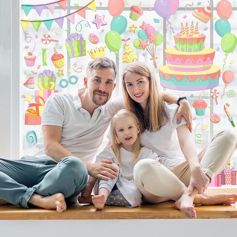 Whaline 6 Sheet Happy Birthday Window Clings Pastel Birthday Cake Balloon Reusable Window Decals for Home School Party Supplies Glass Decor in Saudi Arabia