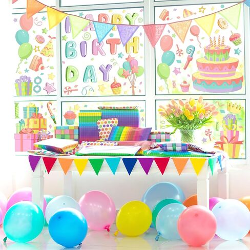 Whaline 6 Sheet Happy Birthday Window Clings Pastel Birthday Cake Balloon Reusable Window Decals for Home School Party Supplies Glass Decor in Saudi Arabia